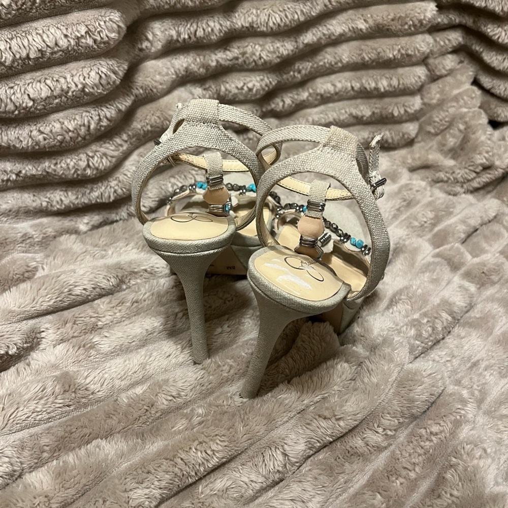Jessica Simpson Beaded T-Strap Beige and Turquoise Platform Sandals - Picture 3 of 7